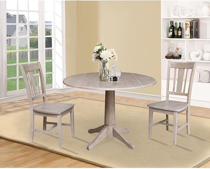 International Concepts 42" Round Top Pedestal 2 Chairs Dining Table, Washed Gray Taupe