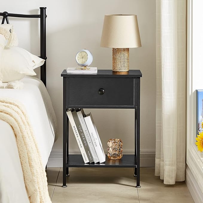 VECELO Night Stand Set of 2, End Tables with Drawer, 2-Tier Bedside Tables with X Shaped, Side Table Stand with Storage Shelf for Living Room/Bedroom,Black