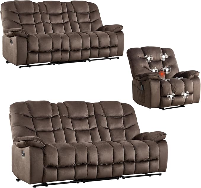 HAOMARKETS 3 Pieces Recliner Sofa Furniture Set, Include a Power Recliner Chair with Message&Heat and 2 3-Seater Reclining Couches for Living Room, Brown