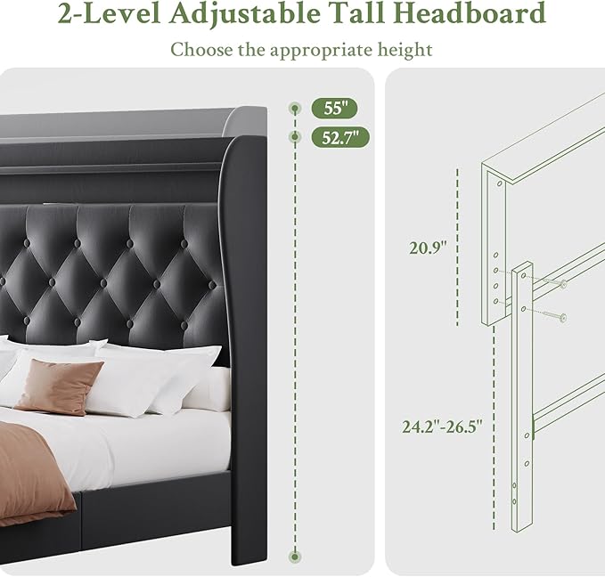 Queen Bed Frame with Tall Headboard, Velvet Upholstered Platform Bed with LED Lights & Charging Station, 52.7"-55" Adjustable/Modern Tufted Wingback Storage Headboard, No Box Spring Needed, Black