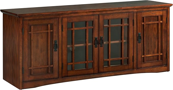 Leick Home 82360 Solid Wood Mission Oak Four Door TV Stand For 65" TVs Universal TV Console Living Room Storage Shelves Entertainment Center, Mission Oak