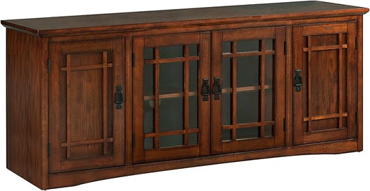 Leick Home 82360 Solid Wood Mission Oak Four Door TV Stand For 65" TVs Universal TV Console Living Room Storage Shelves Entertainment Center, Mission Oak