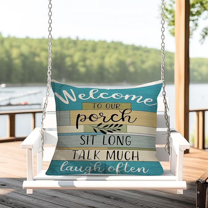 Jartinle Lake House Outdoor Pillow Covers 18x18 Inch Waterproof Turquoise Woodgrain Stripe Welcome to Porch Decorative Cushion Covers for Patio Furniture, Set of 2