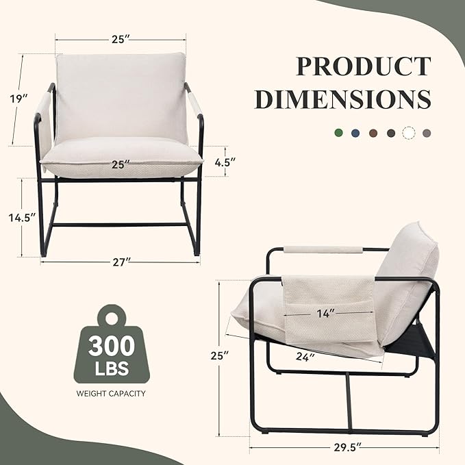 Accent Chair with Metal Frame, Upholstered Living Room Chairs with Cushions, Comfy Reading Armchair for Bedroom Beige