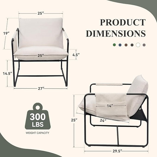 Accent Chair with Metal Frame, Upholstered Living Room Chairs with Cushions, Comfy Reading Armchair for Bedroom Beige