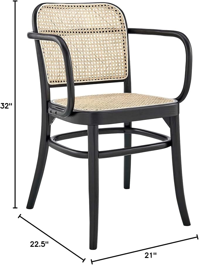 Modway Winona Elm Wood Cane Rattan Seat, Dining Chair - Set of 2, Black