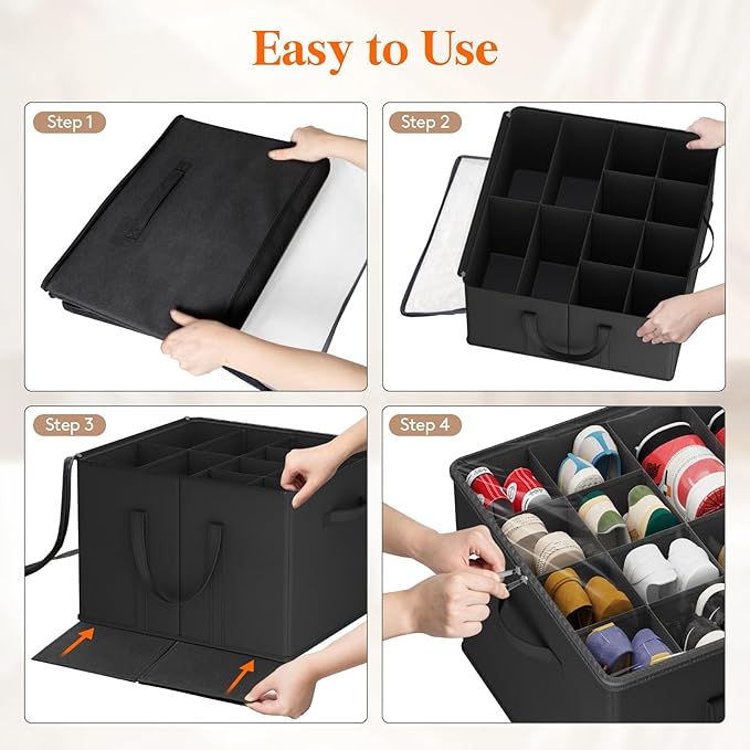 Lifewit Shoe Storage Organizer for Closet, Fabric Large Shoe Box Storage Containers with Clear Cover, Foldable Bins for Boots Heels Sneakers Fits 36-48 Pairs (Each 12-16 Pairs) 3 Pack Black