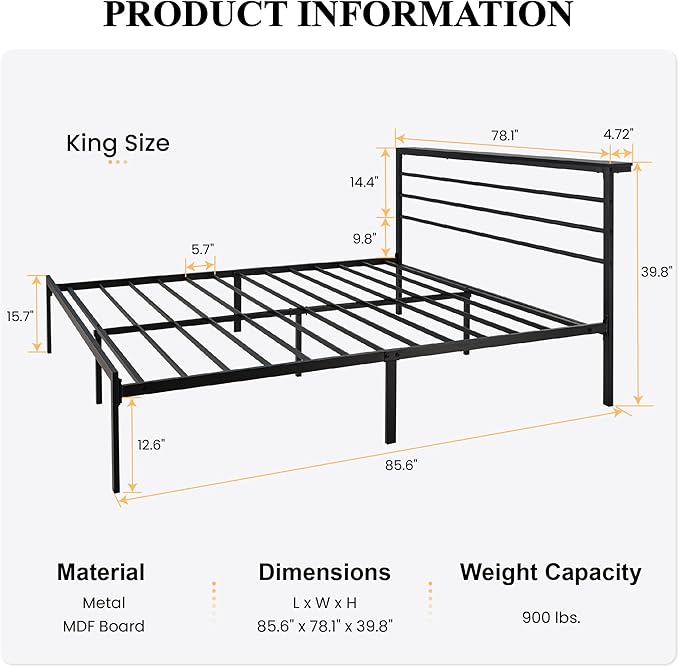 SHA CERLIN King Size Bed Frame with Headboard Shelf and Strong Metal Foundation, No Box Spring Needed, Black