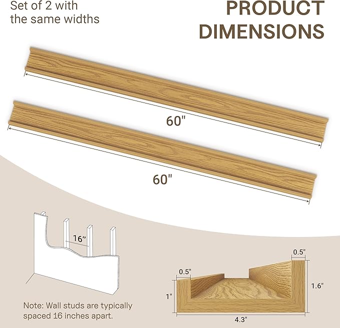 Fun Memories Long Wall Shelves Set of 2-60 Inch Floating Shelves for Wall - Picture Ledge Shelf with Lip for Storage - Wall - Mounted Shelves for Bedroom - Living Room - Kitchen - Oak Color