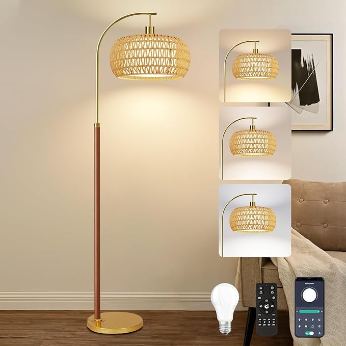 Wood Floor Lamps for Living Room,Boho Floor Lamp with Remote Control & 3 Color Temperatures,Dimmable Mid Century Modern Standing Lamp Vintage Tall Rattan Floor Lamp for Bedroom Corner