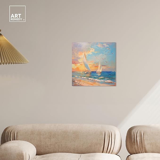 Art Remedy Sailboats In The Sunset Gallery Wrapped Sailing 1 Piece Canvas Wall Art, 16" x 16", Gallery Wrapped