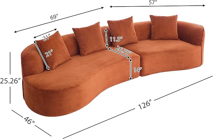 Christopher Knight Home Braebt 126" Modular Sofa with 4 Throw Pillows, Curved 5-Seater Large Sofa Couches, Comfy Upholstered Sectional Cloud Couch for Living Room, No Assembly Required, Dark Orange