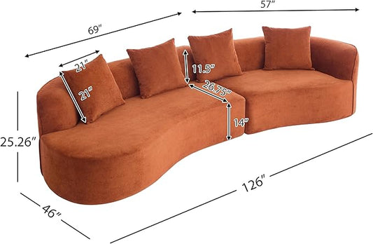 Christopher Knight Home Braebt 126" Modular Sofa with 4 Throw Pillows, Curved 5-Seater Large Sofa Couches, Comfy Upholstered Sectional Cloud Couch for Living Room, No Assembly Required, Dark Orange