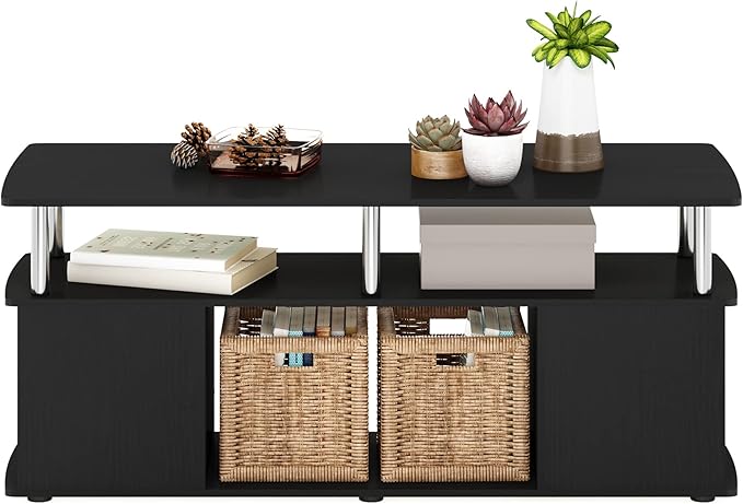 Furinno JAYA TV Stand, 3-Tier Entertainment Center with Open Shelf, TV Console for TV up to 50 Inch with Side Open Storage Compartments, for Living Room, Bedroom, Americano/Stainless Steel Tubes