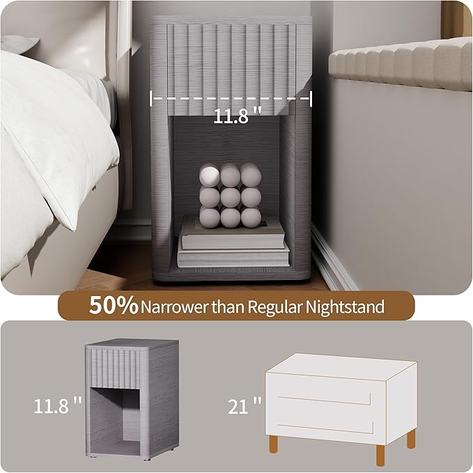 VICITON Fluted Narrow Night Stand,Thin Nightstand with Leather Surface, Small End Table with Storage, Living Room/Bed Side Table for Small Spaces (Light Gray, Normal)