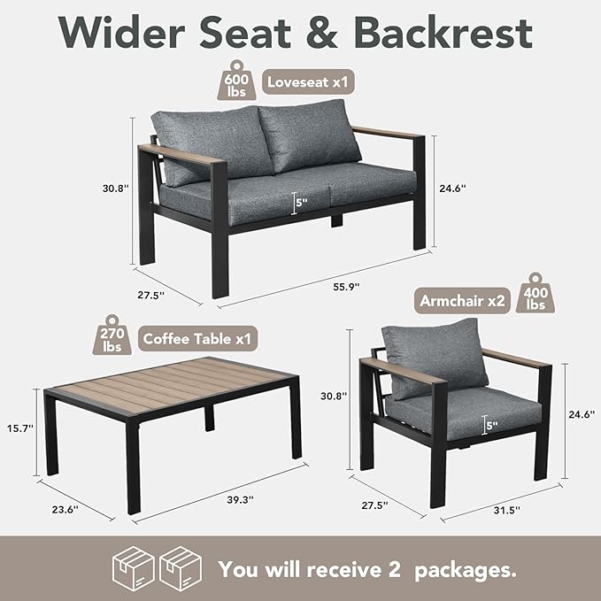 Outdoor Patio Furniture Set 5 Seats Luxury Aluminum Patio Conversation Set with Coffee Table, Washable Thick Cushions, Large Sectional Sofa for Porch, Balcony, Deck, Yard, Gray