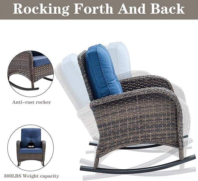 Belord 8 Pieces Patio Conversation Set with 43” Propane Fire Pit Table, Outdoor Sectional Furniture Sofa Set with Removable Blue Cushions for Patio Deck Backyard Brown