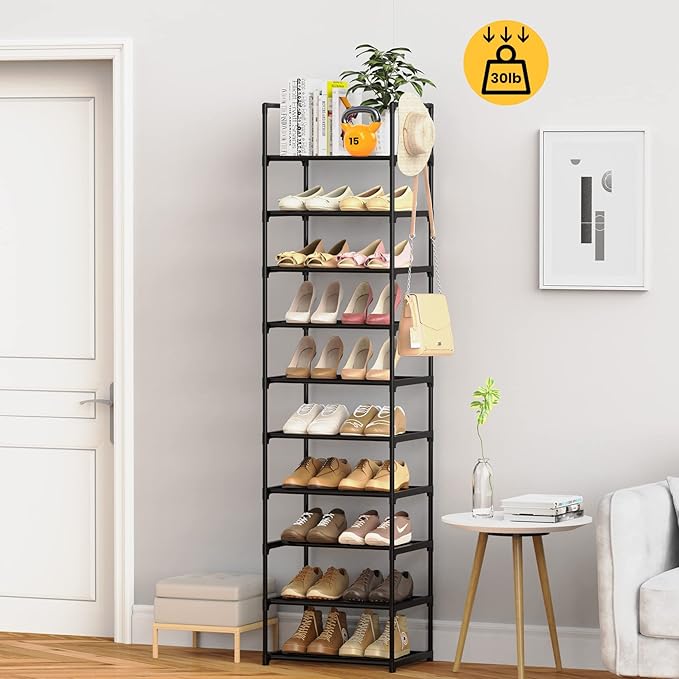 Narrow Shoe Rack 10 Tiers Tall Shoe Rack for Entryway 20 24 Pairs Shoe & Boots Organizer Storage Shelf Durable Black Metal Stackable Shoe Cabinet with Hooks, 17.1D x 11.8W x 78.7H in
