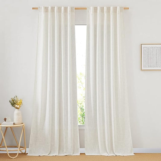 NICETOWN Linen Curtains 90 inches Long, Rod Pocket & Back Tab Semi Sheer Flax Linen Burlap Window Treatments Privacy with Light Filtering for Doorway/Living Room, Natural, W42 x L90, 2 Pieces