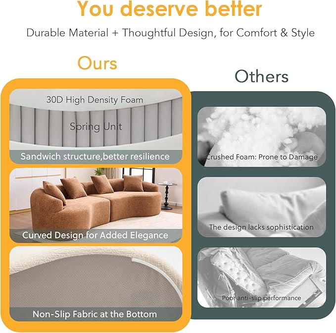110" Oversized Cloud Sectional Sofa Modern Curved Boneless Couches for Living Room, 4-Seater Extra Deep Seat Foam Floor Compressed Couch w/Tight Backrest and 4 Pillows,Chenille Sofa & Couches | Breathable material, Non-slip, No Assembly Required