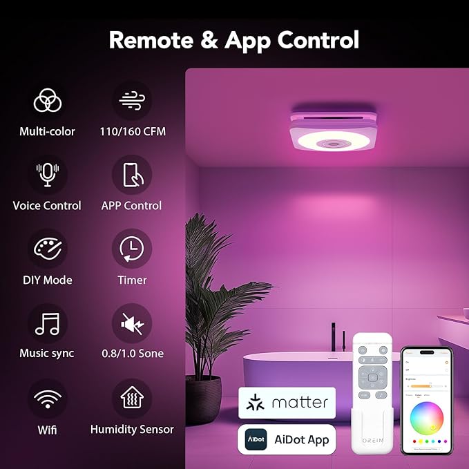 OREiN 4-in-1 Matter Smart Bathroom Exhaust Fan with Light, Bluetooth Speaker & Humidity Sensor, 110/160 CFM, 1500LM 2700K-6500K, Alexa/App/Remote Control, Required Ceiling Opening 11.39"x10.42"