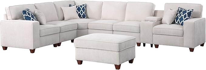 YOPTO 127" L-Shaped Sectional Couch with Movable Ottoman & 6 Throw Pillows,7 Seat Chenille Upholstered Sofa W/2 Cup Holder,USB Port & Hidden Storage Box,DIY Combination,for Living Room,Apartment,Beige