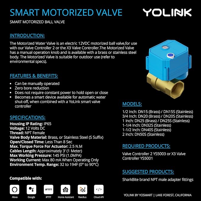 YoLink Valve Controller 2 Kit, 1/2" Brass Motorized Ball Valve, LoRa Long Range, D2D Offline with Leak Sensors, 12V Adapter + AA Backup (Up to 2 Years Battery-Only), Hub Required