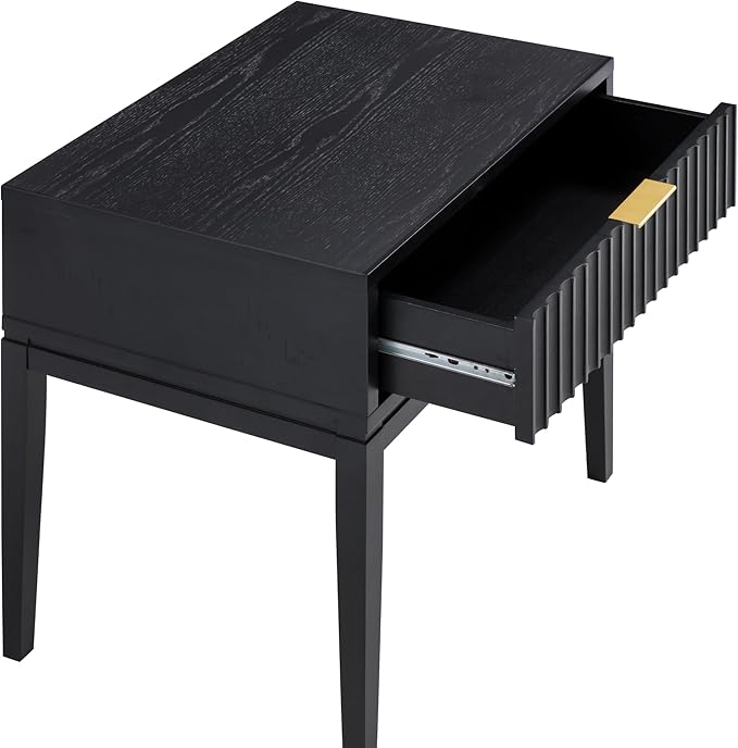 Nathan James Jasper Boho Side Table, Solid Wood Bedroom Nightstand or Bedside Table with Drawer with Fluted Doors and Brass Handles, Black