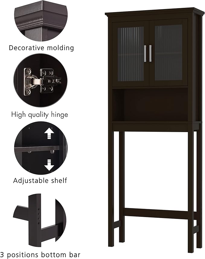 Spirich Over The Toilet Storage Cabinet with Moru Tempered Glass Doors, Bathroom Organizer Above Toilet Storage Cabinet, Espresso