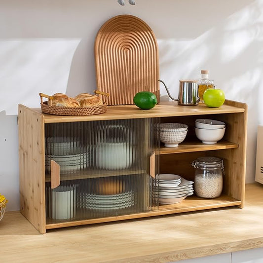Tiita Small Kitchen Pantry Cabinet, Bamboo Wall Sideboard with Glass Doors, Cupboard Food Pantry Cabinet for Kitchen, Living Room and Dinning Bedroom