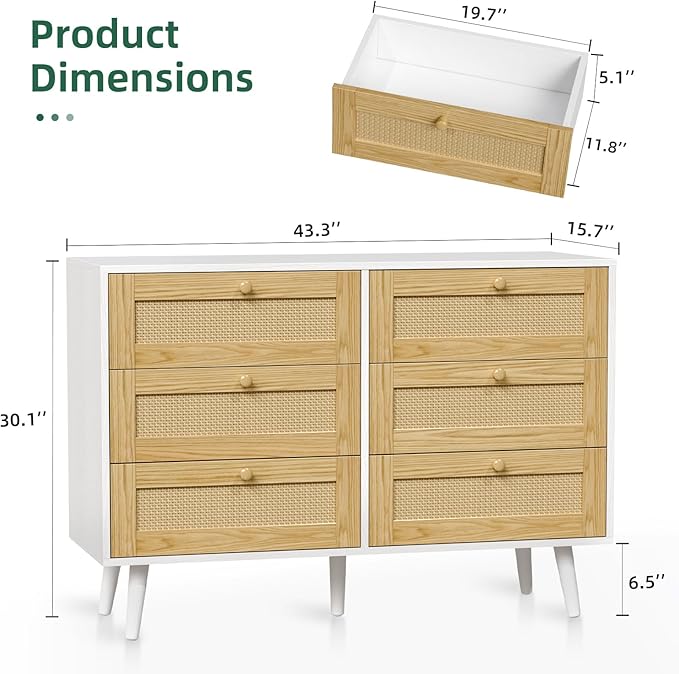 6 Drawer Rattan Dresser for Bedroom, Wooden Dresser Chest with Handles for Bedroom, Living Room and Hallway, White