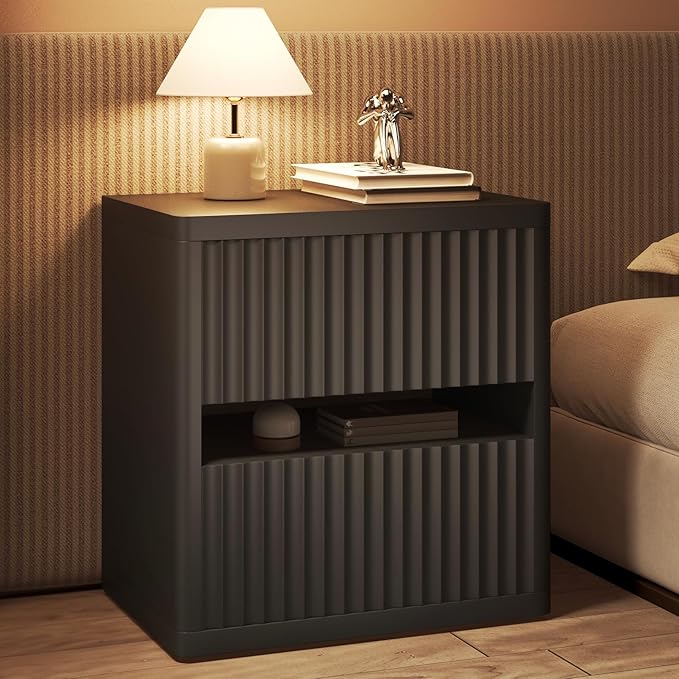 Dripex Fluted Nightstand Set of 2, 22'' Wide Night Stand with 2 Large Drawers, Mid Century Modern Wood Bedside Table with Open Shelf, Large Bed Side End Table for Bedroom, Black