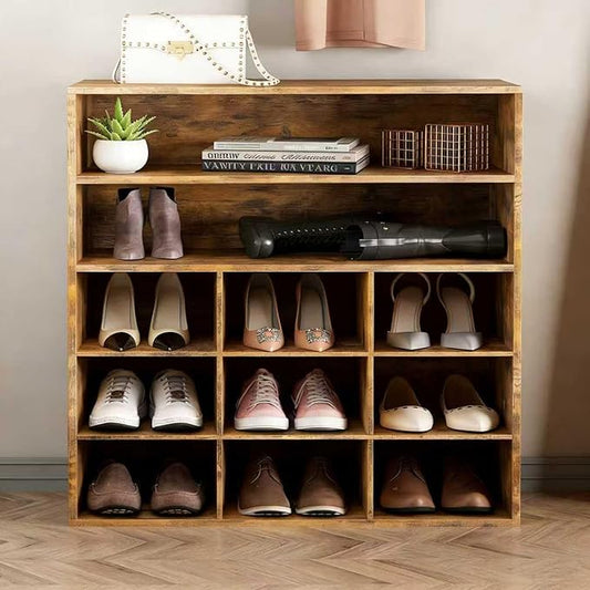 9-Cubby Shoe Rack with 2 Storage Shelf, 3-Tier Wood Shoe Organizer, Multifunctional Shoe Organizer Bench for Entryway, Mudroom, Hallway, Closet, Brown