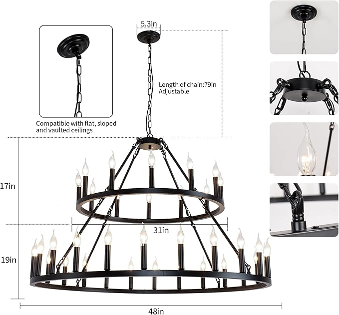 Wagon Wheel Chandelier 2 Tier 36-Light 48-inch, Black Farmhouse Industrial Chandelier Rustic Candle Pendant Light Extra Large for High Ceilings, Living Room Foyer