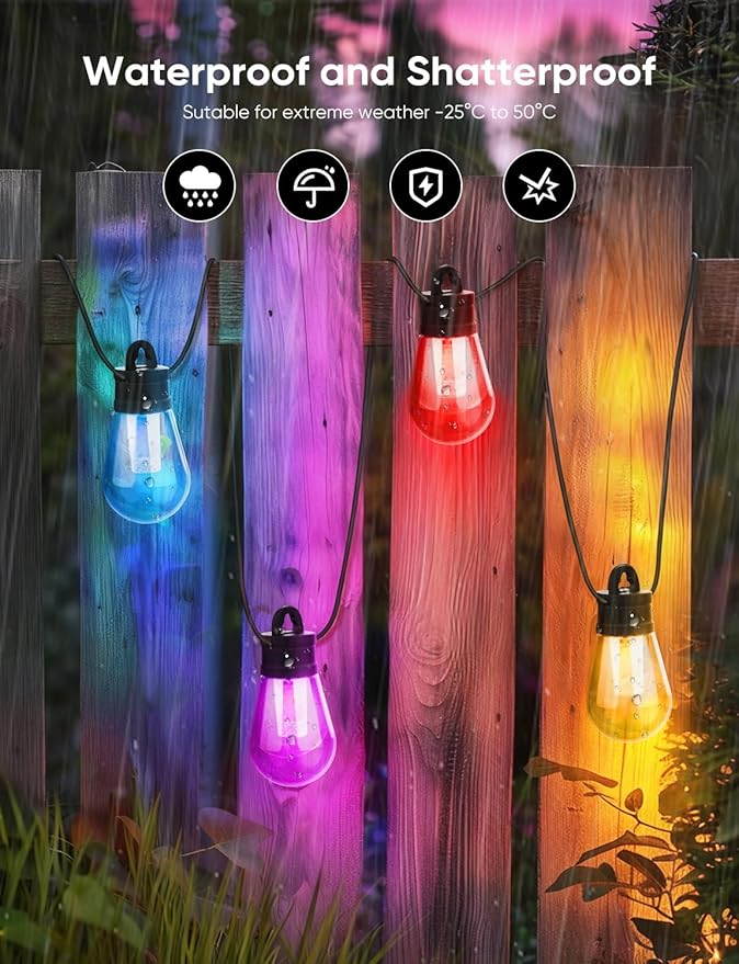 APPECK Outdoor String Lights, 100ft RGBW Smart Outdoor Patio Lights with 30 LED Bulbs, Extendable, 111 Scene Modes, IP65 Waterproof Lighting for Outside, Dimmable Warm White, Compatible with Alexa