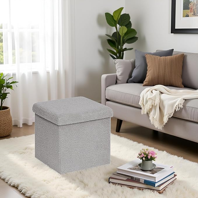 15 Inches Small Storage Ottoman - Square Ottoman with Sherpa Top,Storage Bench for Bedroom 15" D x 15" W x 15" H-Grey