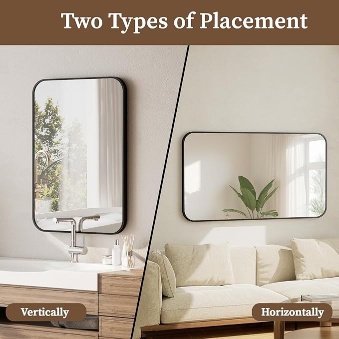 BEAUTYPEAK 30" x 48" Black Metal Frame Rectangle Vanity Mirror with Rounded Corners, Wall Mounted Bathroom Mirror for Farmhouse, Restroom, Entryway, Horizontal or Vertical Hanging
