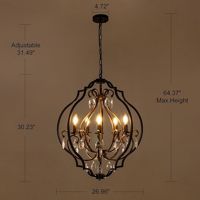 TOCHIC 5 Lights Farmhouse Chandelier, Rustic Orb Chandeliers for Dining Room, Black Crystal Chandelier Light Fixture for Living Room, Bedreoom, Hallway, Bronze, D 27"