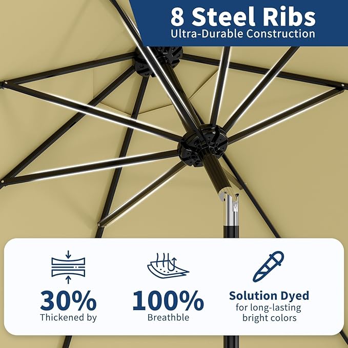 Garvee 9 ft Patio Umbrella - 8 Sturdy Ribs Outdoor Table Umbrella with Crank Lift & Push Button Tilt - Market Umbrella for Pool, Deck, Yard, Garden- Beige