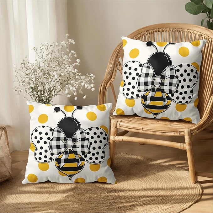 Summer Bumblebee Throw Pillow Covers 16x16 Set of 2 Polka Dot Bee Decorative Pillow Cases Yellow Honeybee Outdoor Farmhouse Cushion Cover for Home Couch Sofa Decor