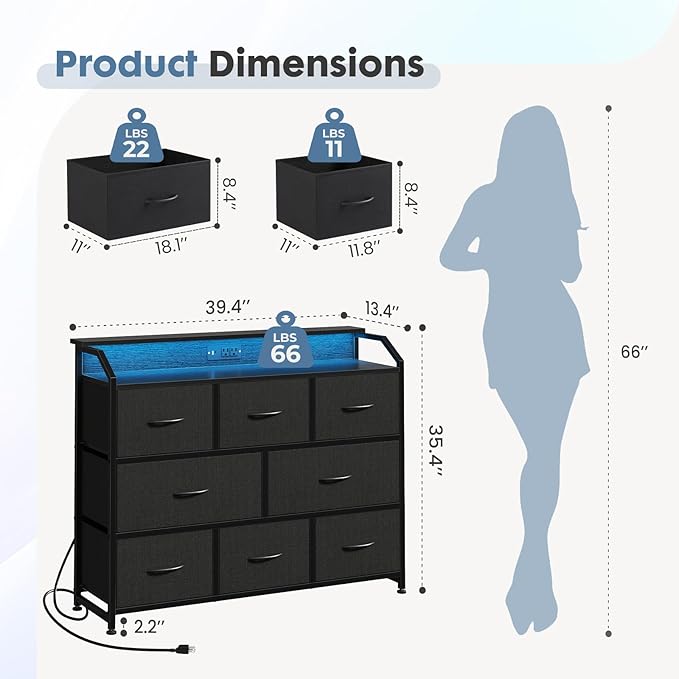 DUMOS TV Stand Dresser with 8 Fabric Drawers, 8-Drawer Chest of Drawers with APP Control LED Lights and Type-C Charging Station, Fabric Storage Tower TV Stand for Living Room, Black