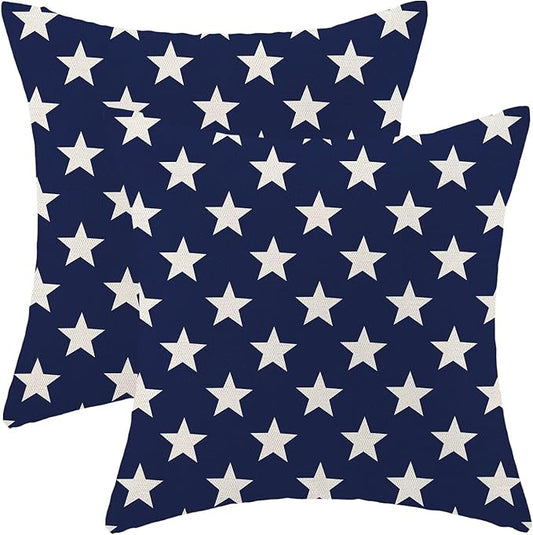 BETGINY 4th of July Pillow Covers 18x18 Set of 2, Memorial Day Blue Stars Decorations Throw Pillow Covers Linen Patriotic Independence Day Cushion Case for Couch Sofa Summer Home Outdoor Decor