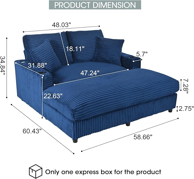 Eafurn 64" Oversized Chaise Lounge Chair Indoor, Plush Corduroy Upholstered Sofa Bed with Pillows & 2 Cup Holders, Extra Wide Deep Seat Sleeper Couch Recliner Chair for Living Room | Removable Cushions, Wooden Frame, Solid Legs