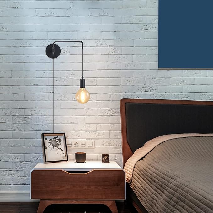 Wall Lamp with Plug in Cord, Swing Arm Wall Sconces with On Off Switch in Cord, Metal Black Vintage Industrial Wall Mounted Light Fixture for Living Room Bedside Bedroom (1 Pack)