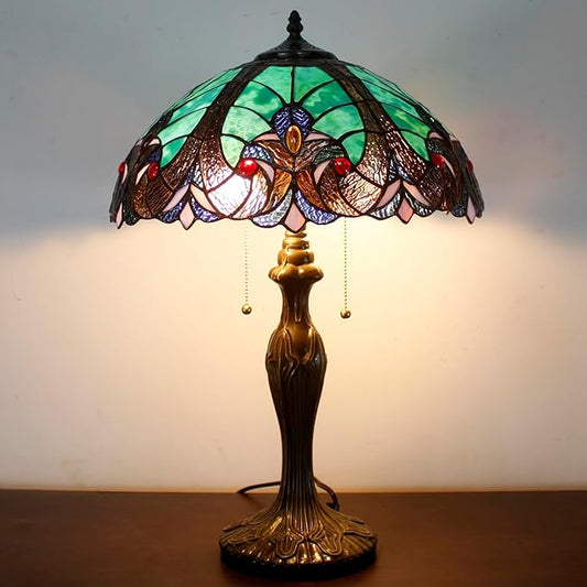 WERFACTORY Tiffany Style Lamp Green Liaison Stained Glass Bedside Table Lamp 16X16X24 Inches Desk Light Metal Base Decor Bedroom Living Room Home Office S160G Series Teal Purple