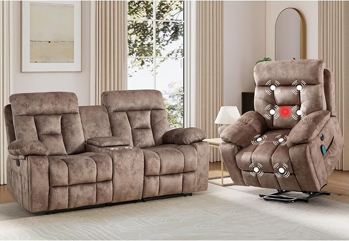 EBELLO 2 Piece Reclining Living Room Set, Soft Fabric Recliner Sofa Set, Included Power Lift Recliner Chair with Massage and Heat and Loveseat, Brown