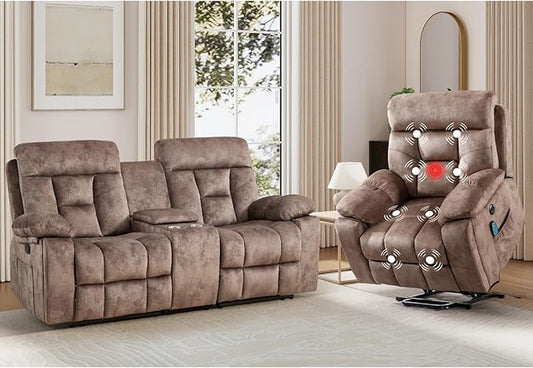 EBELLO 2 Piece Reclining Living Room Set, Soft Fabric Recliner Sofa Set, Included Power Lift Recliner Chair with Massage and Heat and Loveseat, Brown