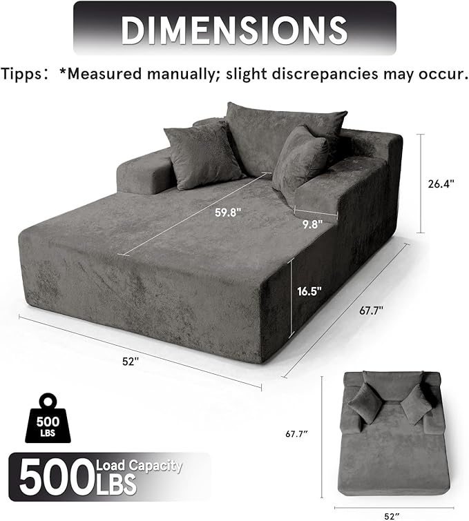 Sytopia Chaise Lounge with Armrests, Oversized Sofa Bed with 3 Pillows, Cozy Boneless Couch, Sleeper Reading Chair for Living Room Bedroom, Floor Sofa Chenille, Furniture Sala, Black Onyx