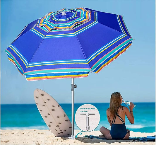 AMMSUN 7ft Heavy Duty High Wind Beach Umbrella Parasols with Sand Anchor Vent Tilt UPF 50+ Sun Protection Portable Outdoor Sunshade Umbrellas Carry Bag for Patio Garden Pool Backyard Blue