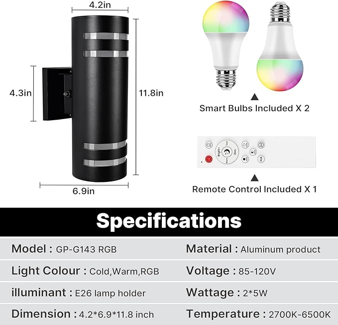 RGB Up and Down Lights Outdoor Wall Lights 1 Pack, Smart Color Changing Outdoor Wall Sconce WiFi Voice & App Control,Aluminum Waterproof Exterior Lights for Porch Compatible with Alexa